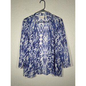 Chico's Cardigan Size 2 Large Sheer Open Front 3/4 Sleeves Blue White Metallic